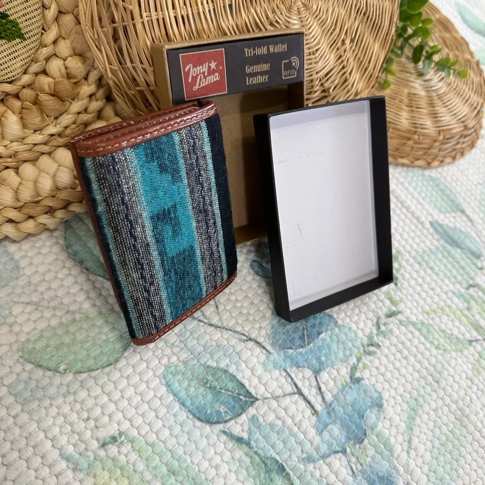 New Tony Lama Tri-Fold Wallet RFID Blue Aztec Canvas Leather Cowboy Western